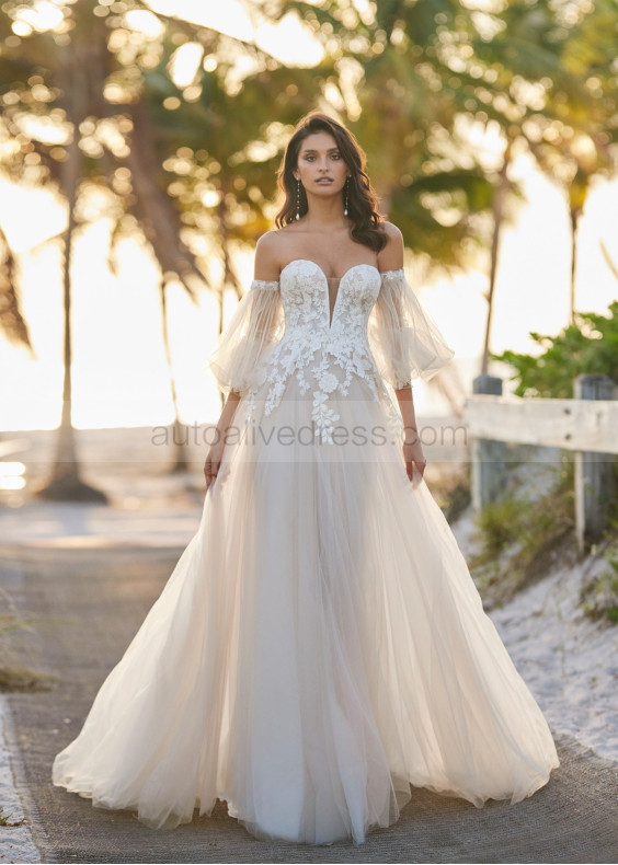 Beaded Ivory Lace Tulle Corset Back Wedding Dress With Detachable Sleeves